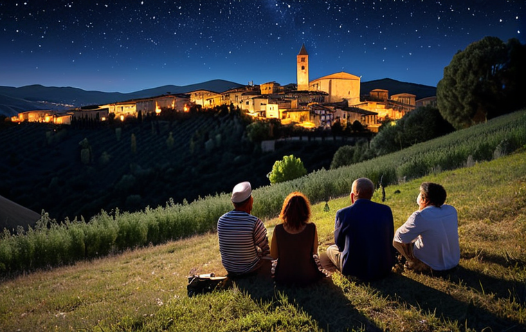 **

A vibrant outdoor jazz festival under a starry night in Umbria, Italy. People are sitting on a hillside enjoying the music with wine, capturing the magical atmosphere.

**