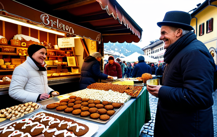 Gastronomic Delights**

"A bustling Christmas market stall in Bolzano, Italy, overflowing with traditional holiday treats. Focus on gingerbread cookies decorated with intricate icing, steaming mugs of vin brul&eacute;, and roasted chestnuts. In the background, vendors in traditional Tyrolean clothing are smiling and serving customers. Everything is fully clothed and appropriate. Safe for work, professional photography, perfect anatomy, correct proportions, food photography, warm lighting, family-friendly, traditional."

**