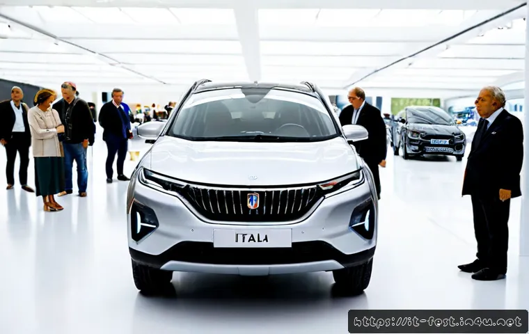 전기차 박람회 방문기 - Photorealistic wide-angle view inside a modern Italian electric vehicle exhibition hall, a sleek sil...