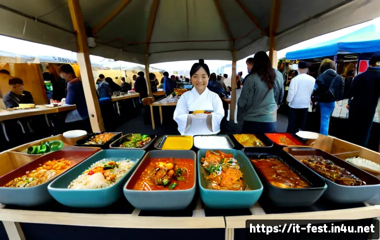K 푸드 박람회 일정 - Photorealistic wide-angle view of a vibrant Korean food festival in Milan, Italy, featuring neatly a...