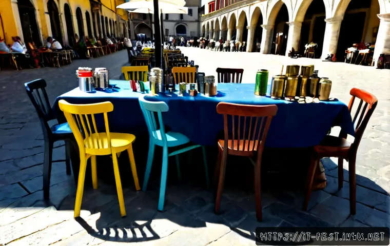 업사이클링 마켓 정보 - Photorealistic Italian upcycling market in a sunny historic piazza, neatly arranged stalls displayin...