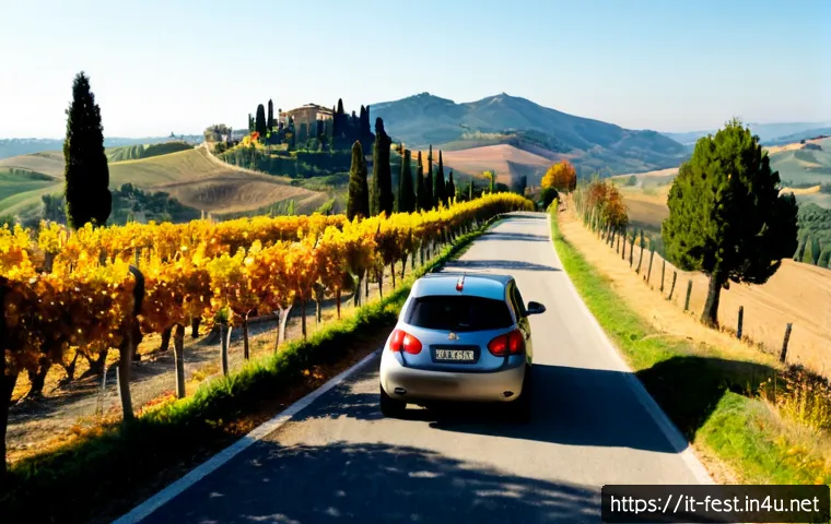 Home 17 단풍놀이 코스 베스트 - Photorealistic autumn road trip through the Tuscan countryside, a winding cypress-lined lane framed ...